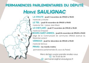Le Député Hervé Saulignac organise des permanences sur la circonscription à l'attention des particuliers et des forces vives de vos communes. Je vous prie de trouver ci-joint les dates des prochaines permanences. 