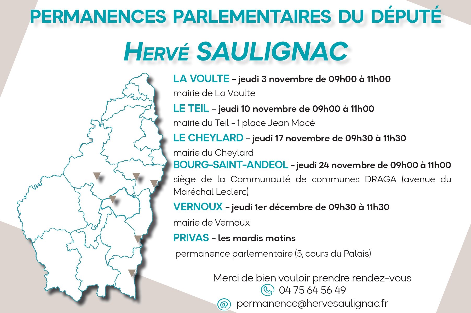 Le Député Hervé Saulignac organise des permanences sur la circonscription à l'attention des particuliers et des forces vives de vos communes. Je vous prie de trouver ci-joint les dates des prochaines permanences.